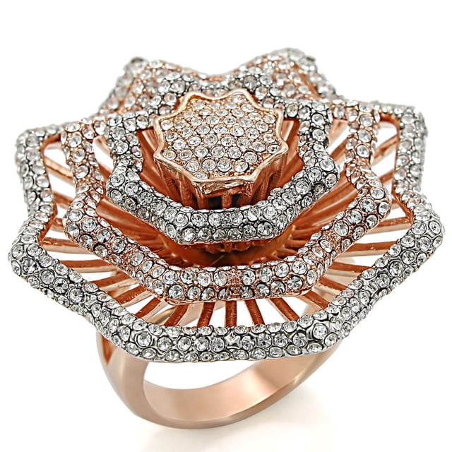Rose Gold + Rhodium Brass Ring with Top Grade Crystal in Clear for Women Clear Stone Color Style 1W023 Size 6