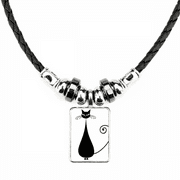 Black Cat Sit Halloween Animal Art Outline Necklace Jewelry Torque Leather Rope Pendant