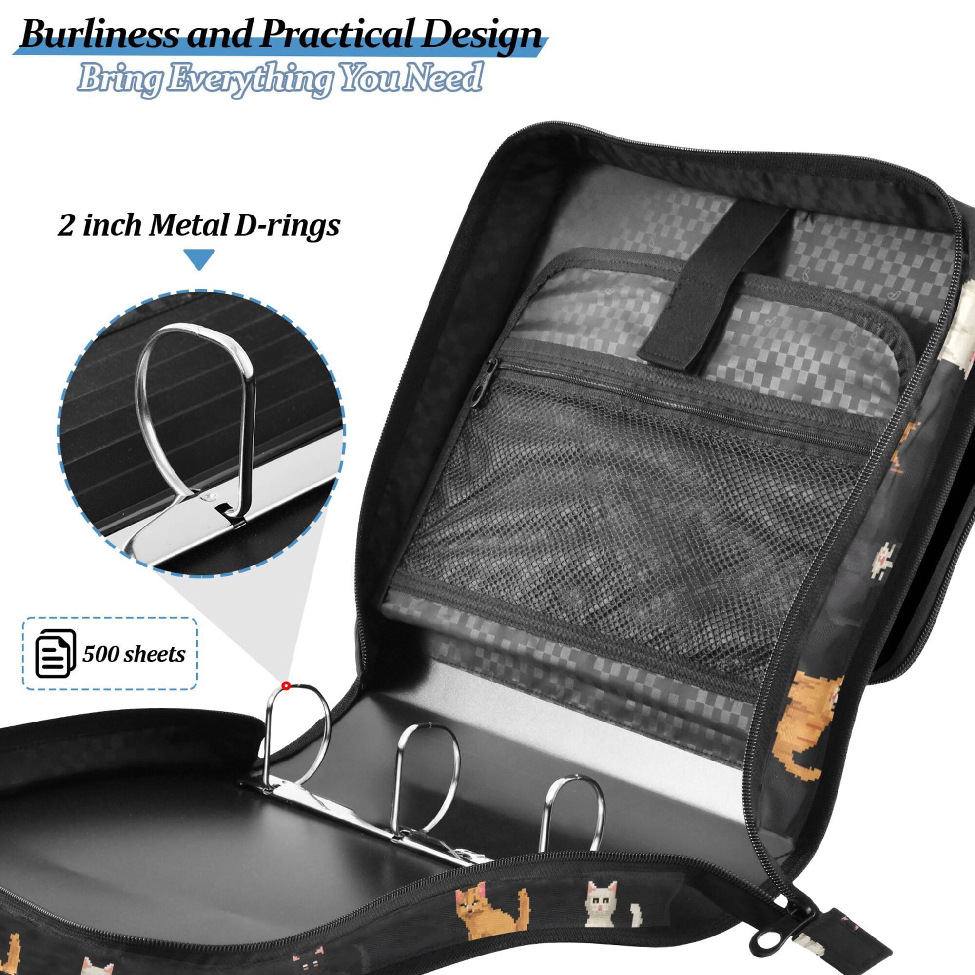 FORMRS Zipper Binder with Shoulder Strap 2-inch Ring 500 Sheet Capacity File Bag, Pixel Cat