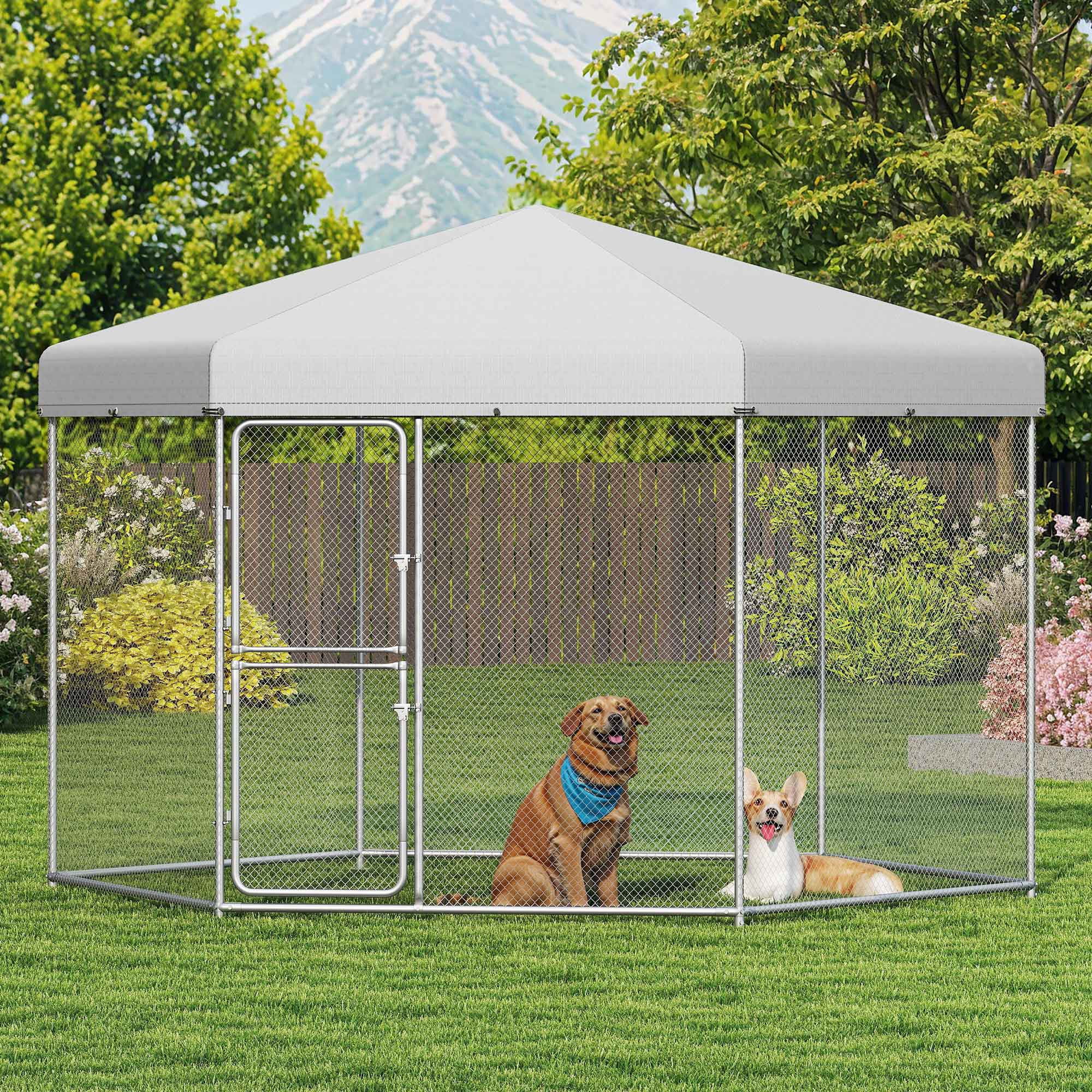 ModFusion 90" Outdoor Dog Kennel with Roof – Heavy-Duty Galvanized Steel Pet Playpen, Weatherproof Canopy, Secure Lock & Hexagonal Wire Fence for Large Dogs