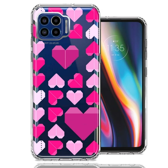 MUNDAZE for Motorola One 5G Pink Purple Origami Valentine's Day Polkadot Hearts Design Double Layer Phone Case Cover