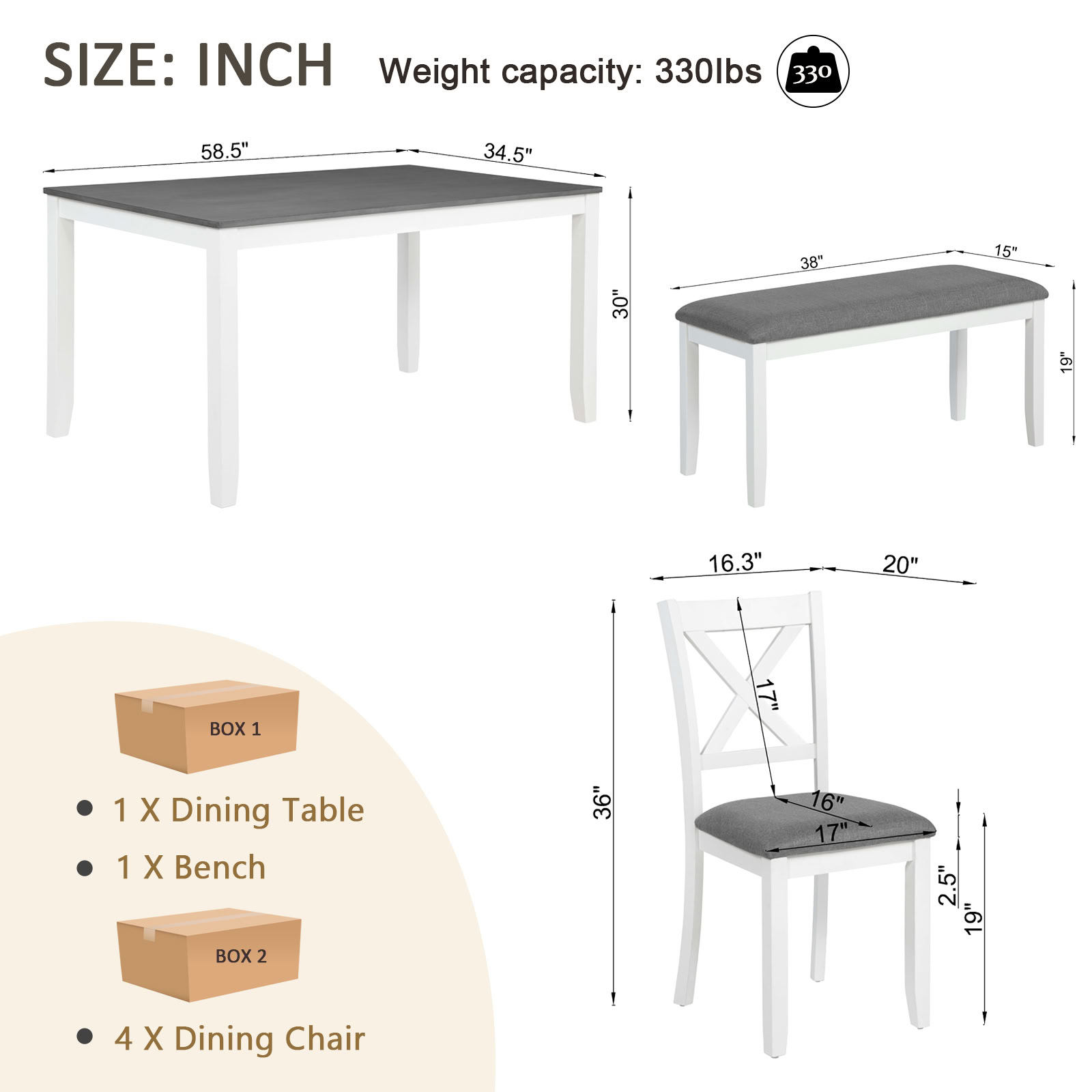 MAYEERTY 6-Piece Dining Table Set with Bench, Wood Dining Set for 6, Space-Saving for Kitchen Dining Room Apartment, Grey & White