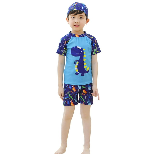 EDTara Kids Boys Short Sleeve Rashguard Swim Shirt and Trunks Bathing Suit with Swimming Cap