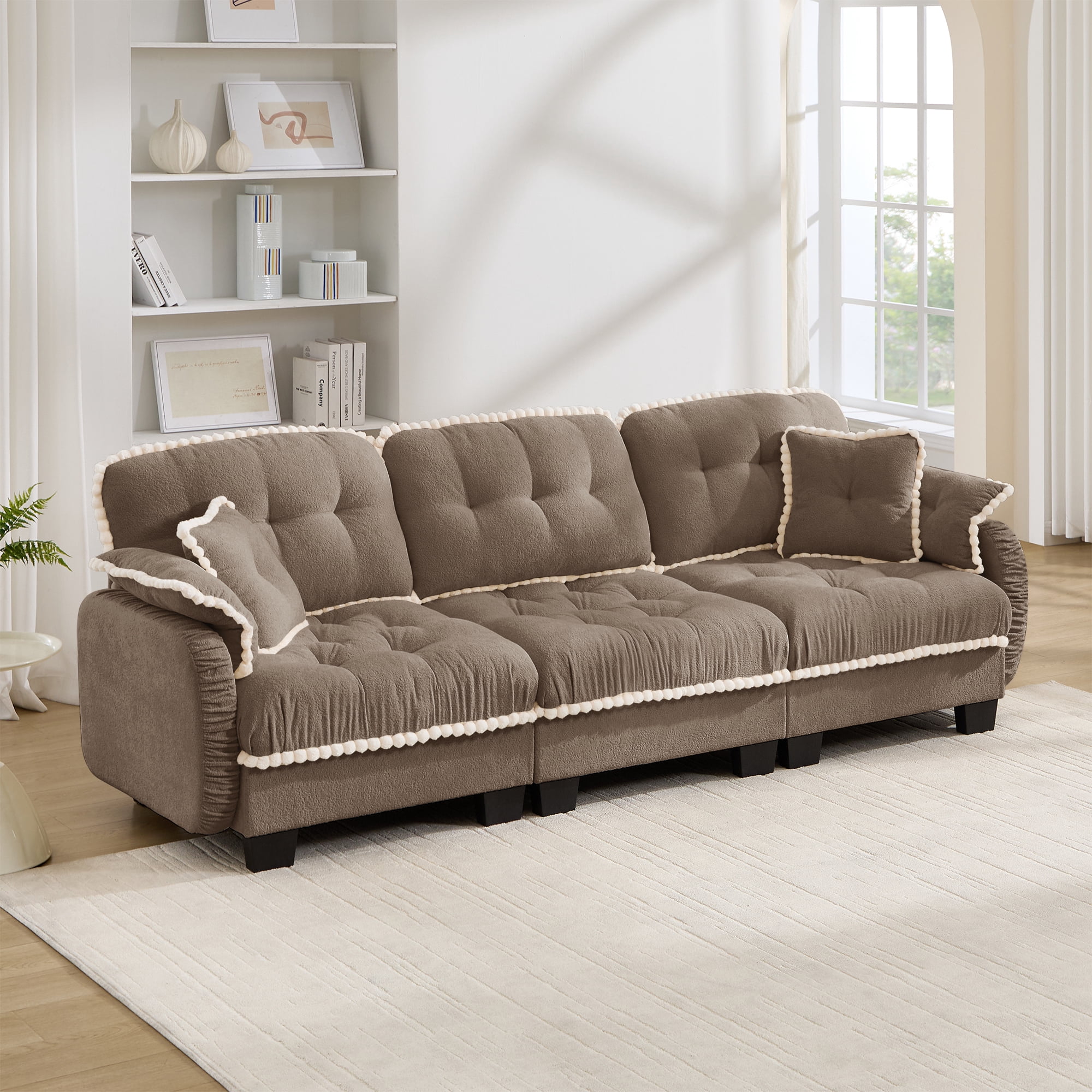 Anpport Modern Aesthetic Brown 3-Seater Chenille Sofa, Quilted Tufted Couch with Pom-Pom Trim, Includes 4 Throw Pillows for Small Space, Apartment, Office & Living Room