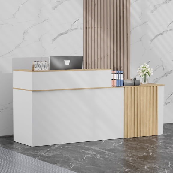 Haooyeah 78.7" Reception Desk, Modern Office Reception Table with Storage, White & Oak