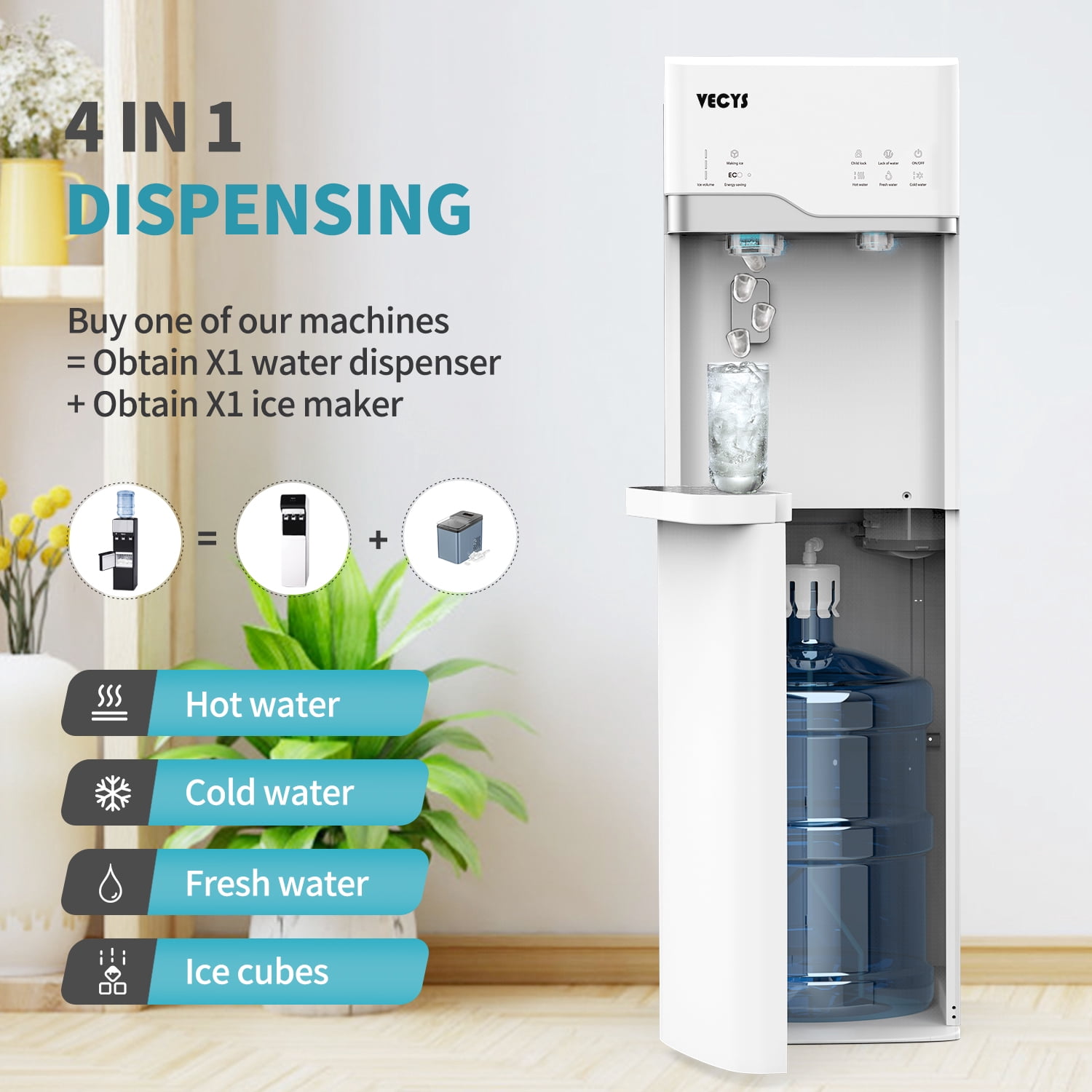 VECYS Bottom Loading Ice Maker Self-Clean Hot Cold Water Dispenser for 5 Gallon Bottle, 22LBS Daily Ice Making, Child Safety Lock, White