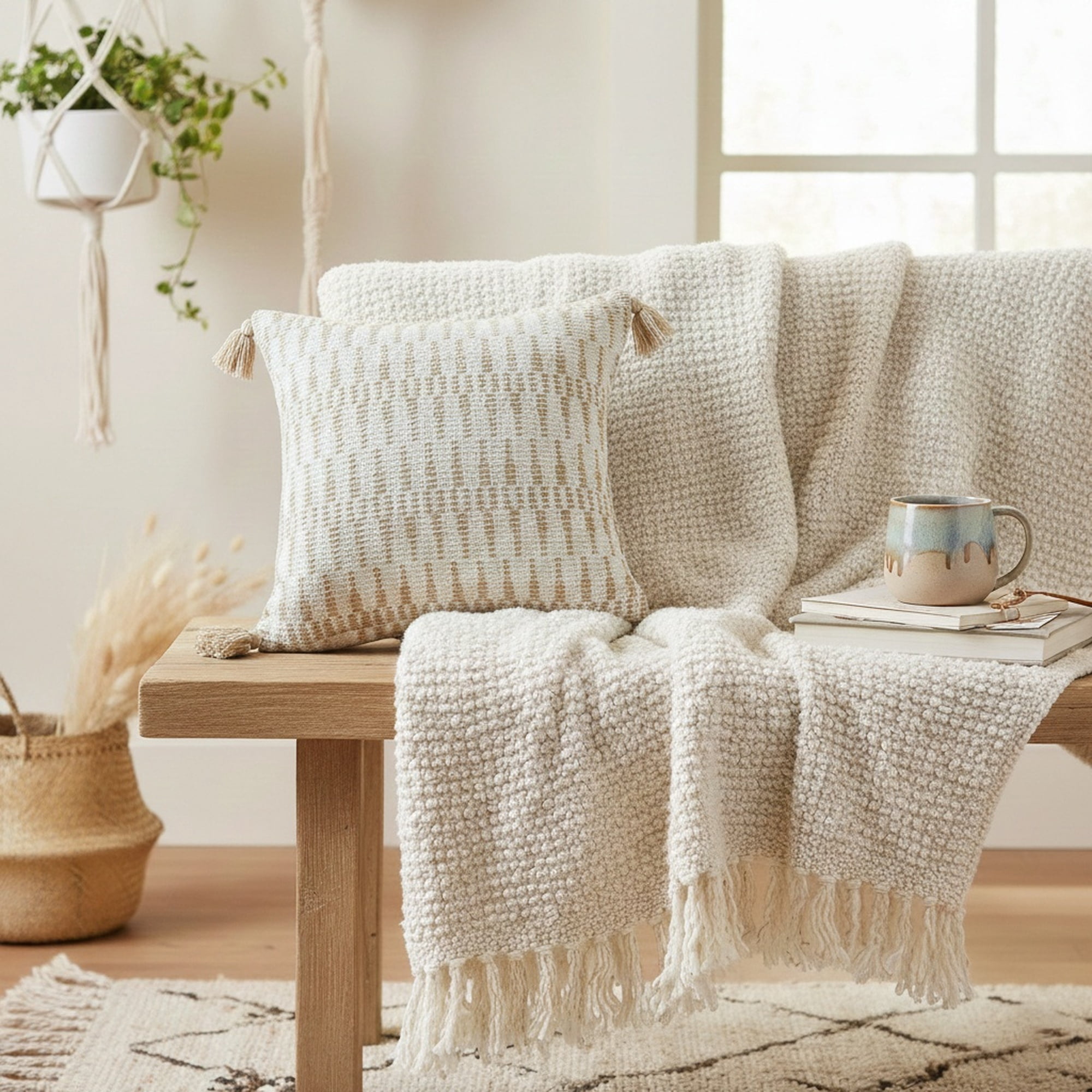 Ox Bay Sadie 20" x 20" Beige/White Geometric Cotton and Jute Adult Decorative Throw Pillow