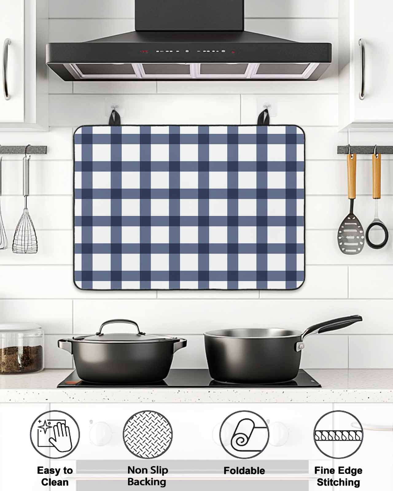 Stove Top Covers for Electric Stove, Navy Blue Plaid Check, Glass Stovetop Cover Protector, Geometrical Abstract Lattice Induction Cooktop Protector Oven Mat for Kitchen Countertop 24"x21"