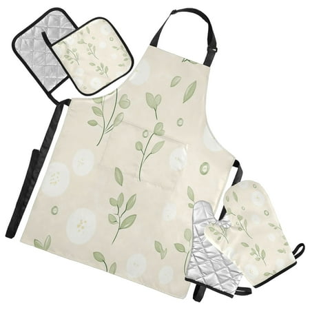 

5-Piece Kitchen Apron Set with Heat-Resistant Gloves & Insulation Mats for Cooking Baking BBQ Cute Hand-drawn Flowers Pattern