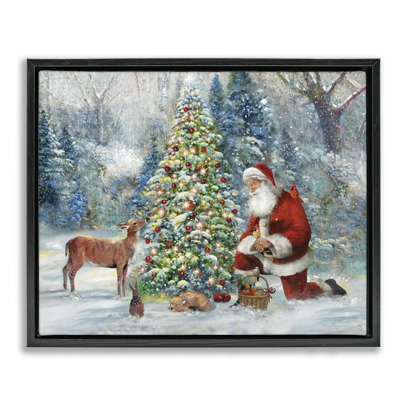 Stupell Industries Santa & Baby Deer Holiday Painting Black Floater Framed Canvas Art Prints Wall Art, 21 x 17