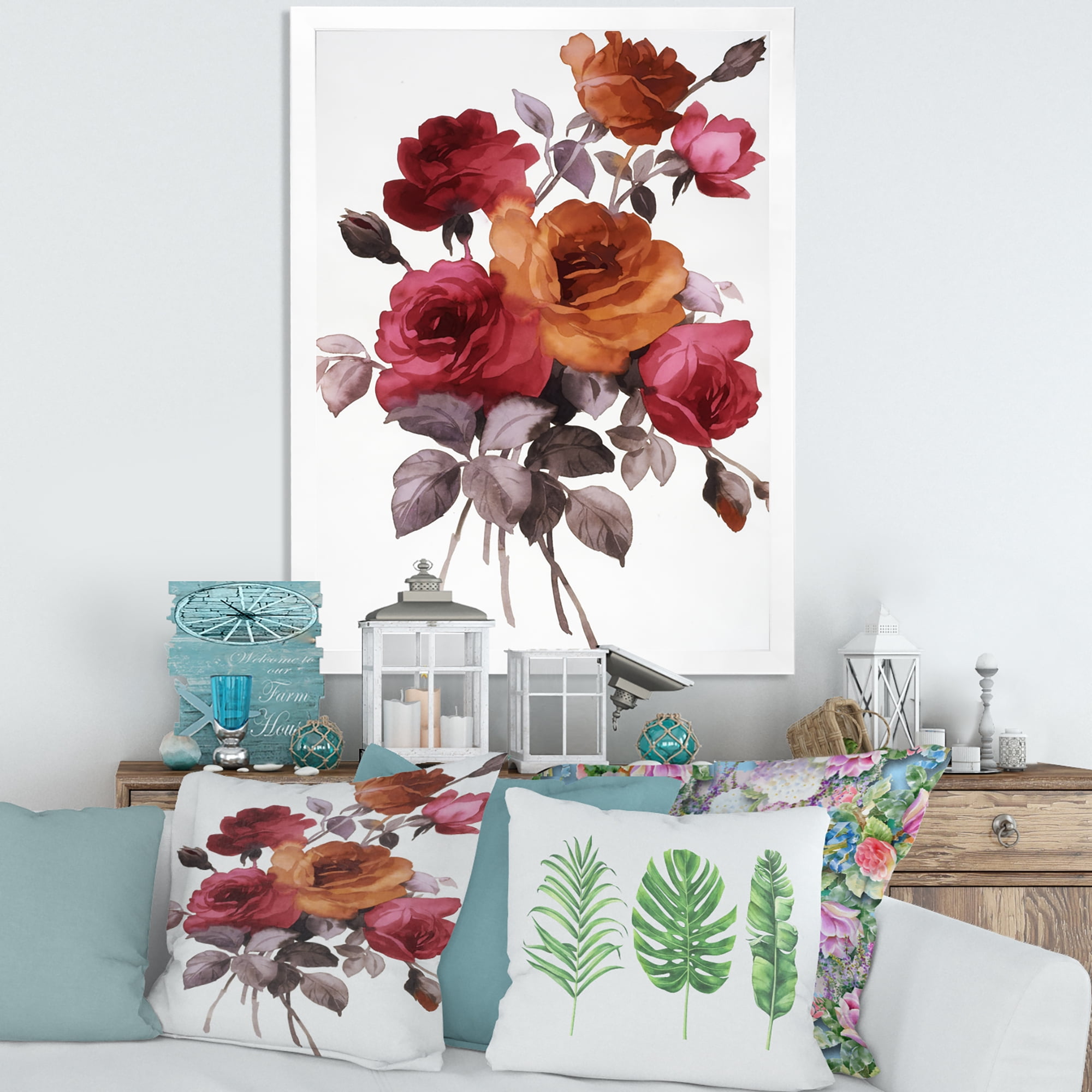 Designart 'Vintage Red and Orange Roses' Traditional Framed Art Print