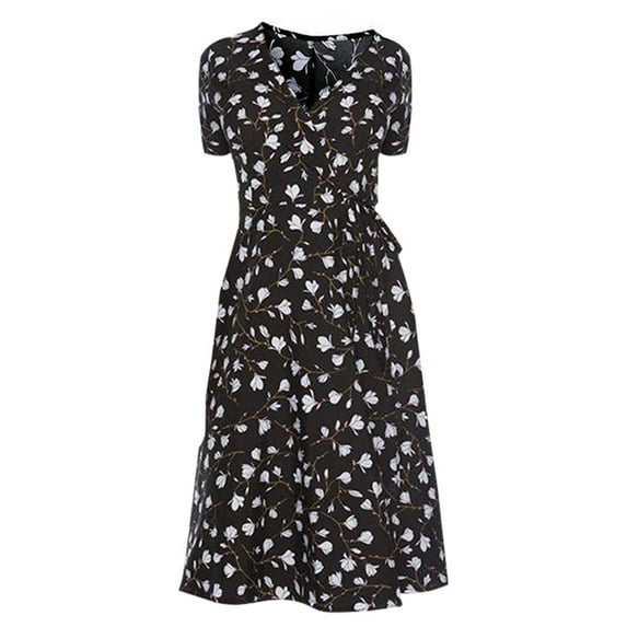 Frontwalk T-shirts Sundress for Womens Floral V Neck Boho Dress Pleated Casual Loose Swing Dress