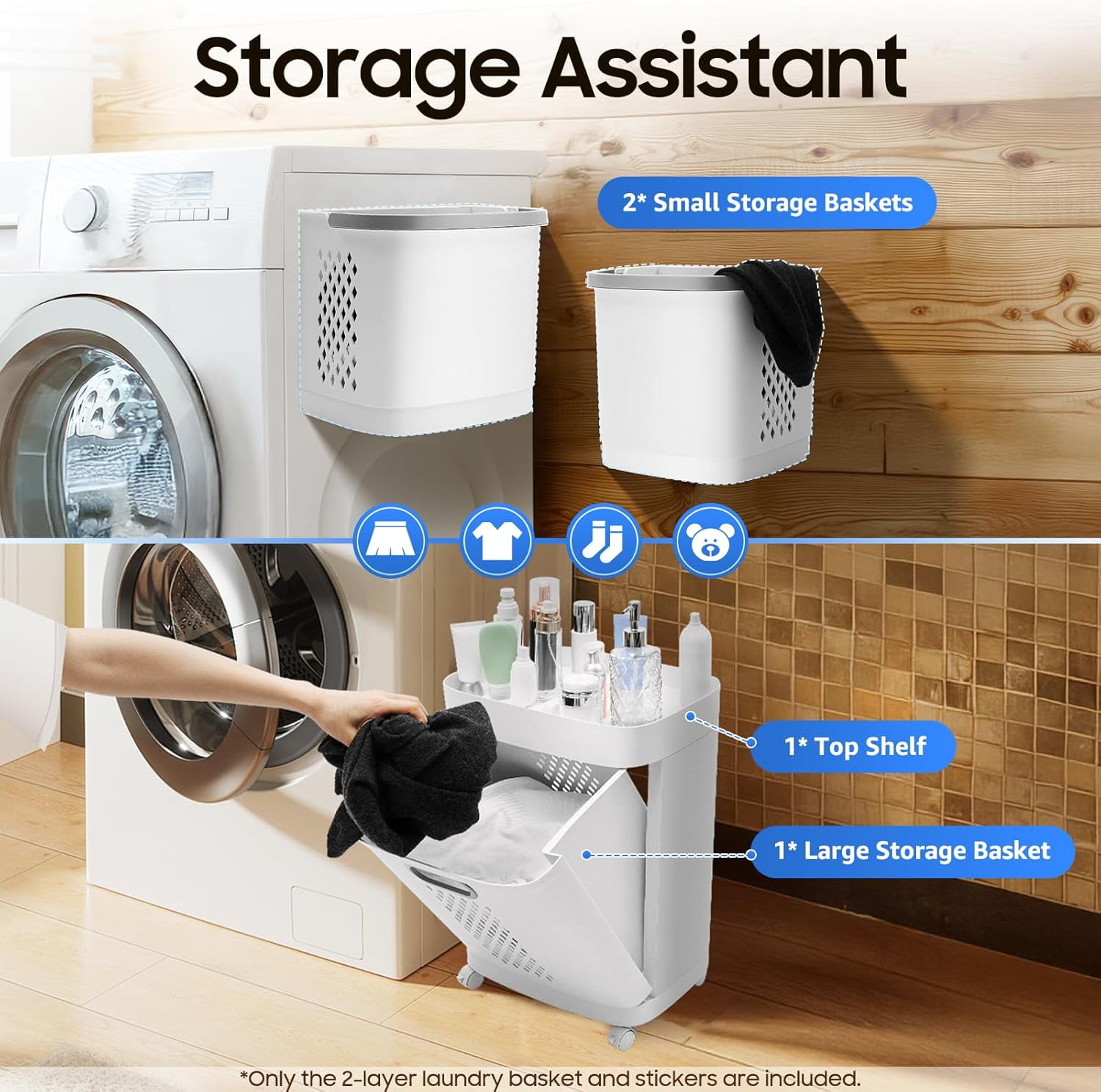 2 Tier Laundry Hamper Basket Sorter, Floor-Standing 360° Rolling Large Laundry Basket, Stackable Storage Bins Open Front, Dirty Clothes Hamper