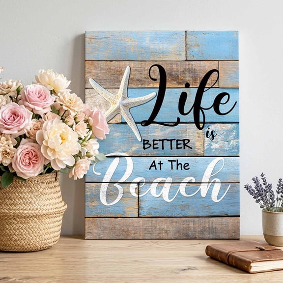 Canvas Wall Art Life Is Canvas Art Print Better at The Beach Summer Starfish Blue Wood Grain Pictures Wall Decor for Living Room Bedroom Artwork Decorations Stretched Framed Ready to Hang 16"x20"