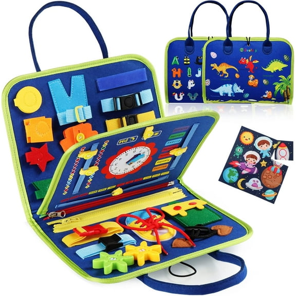 Busy Board Montessori Toy Toddlers,Educational Activity Developing Sensory Board for Fine Basic Dress Motor Skills,Travel Toys for 3-6 Year Old Boys Girls(Blue Dinosaur）