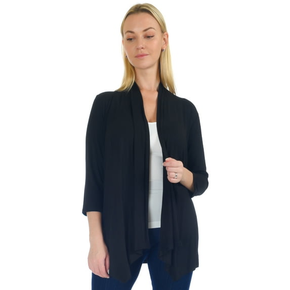 Simply Ravishing Women's Basic Assymetrical 3/4 Sleeve Open Drape Cardigan, Small, Black