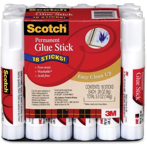 Scotch Permanent Glue Sticks 0.28 oz - 18 / Pack - White