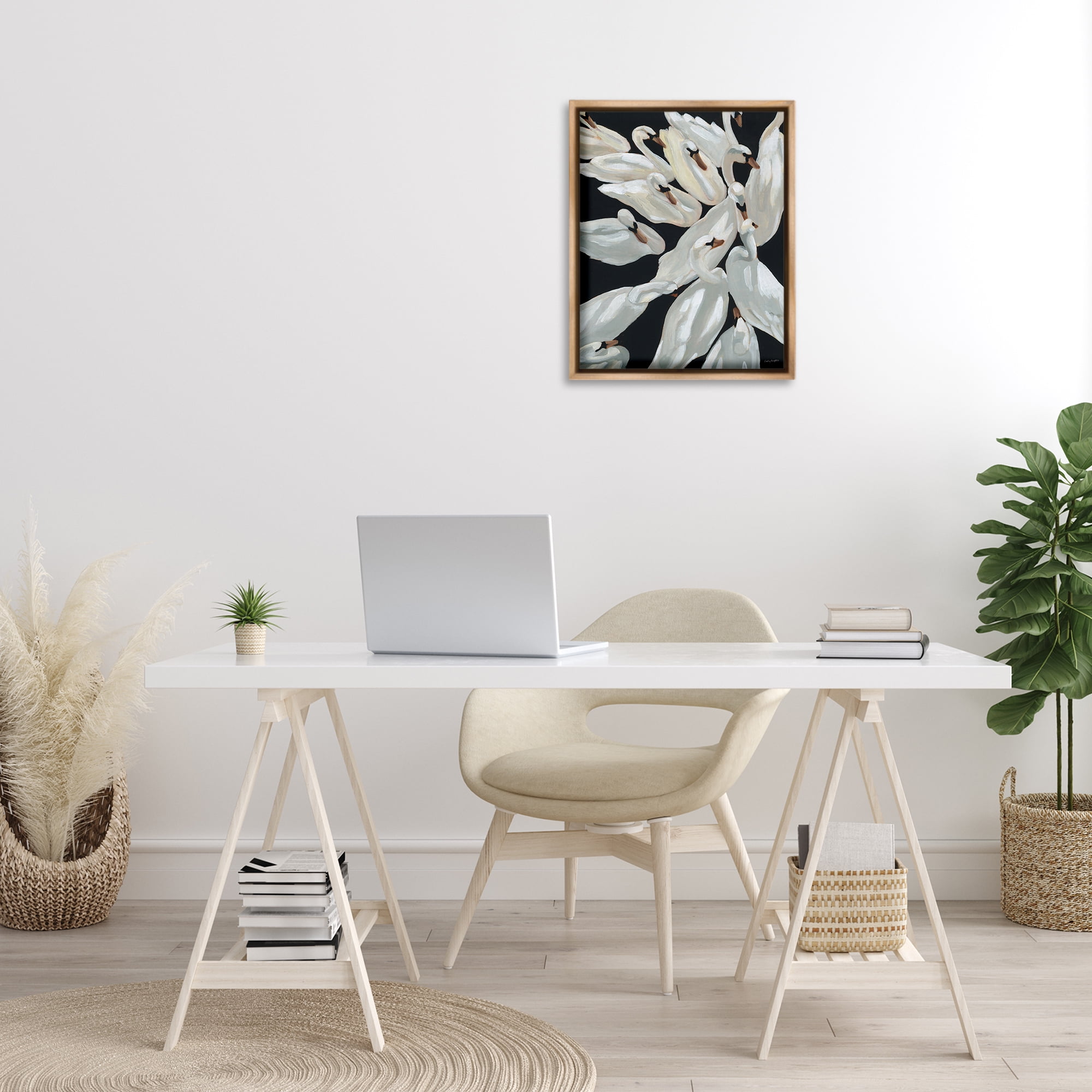 Stupell Industries Gathered Swans Swimming Animals & Insects Painting Brown Floater Framed Canvas Art Print Wall Art, 17 x 21