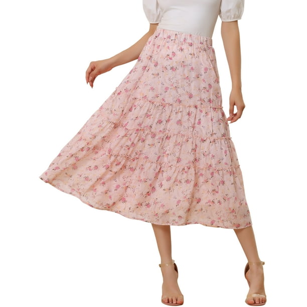 Falda Floral de Mujer INSPIRE CHIC con Cintura Alta Elástica, Largo hasta el Tobillo, Falda A-Line 2XL Rosa