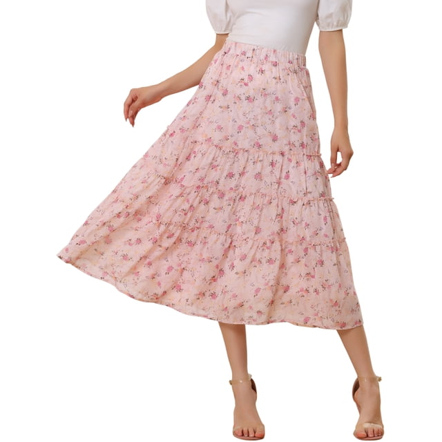 Falda Floral de Mujer INSPIRE CHIC con Cintura Alta Elástica, Largo hasta el Tobillo, Falda A-Line de Chifón, Color Rosa