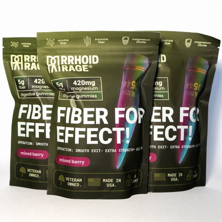 Rrhoid Rage Fiber for Effect Extra Strength Gummies - Mixed Berry, Promotes Healthy Digestion with Fiber & Magnesium, 60 Gummies (3-Pack)