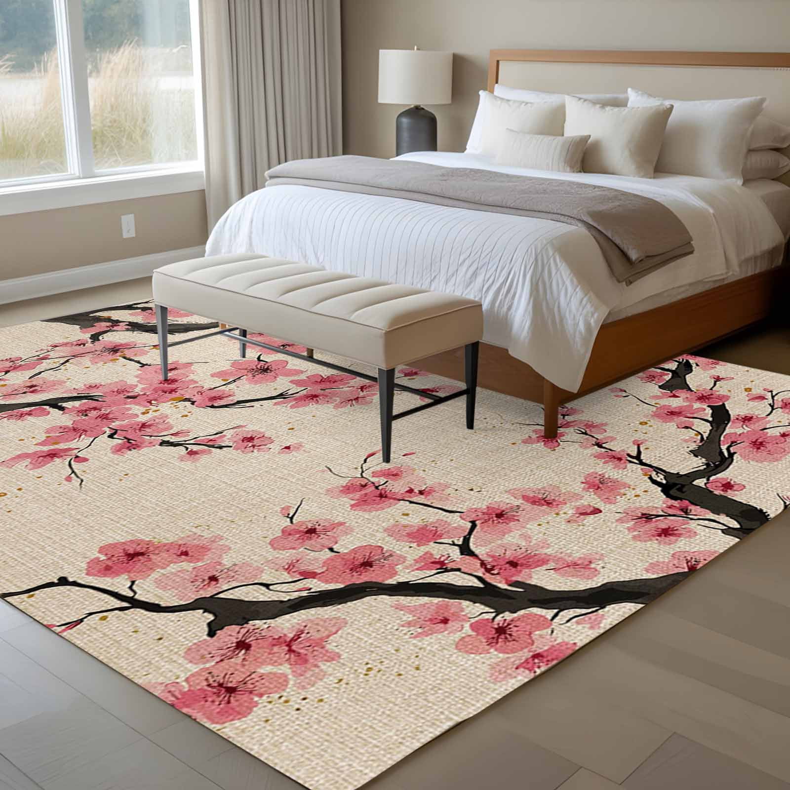 Large Area Rugs for Living Room Bedroom, Spring Flowers 6'x9' Rug Washable Carpet Runner Indoor Outdoor, Country Pink Peach Blossoms Botanical Floral Non Slip Floor Mats Rug for Kitchen, Playroom