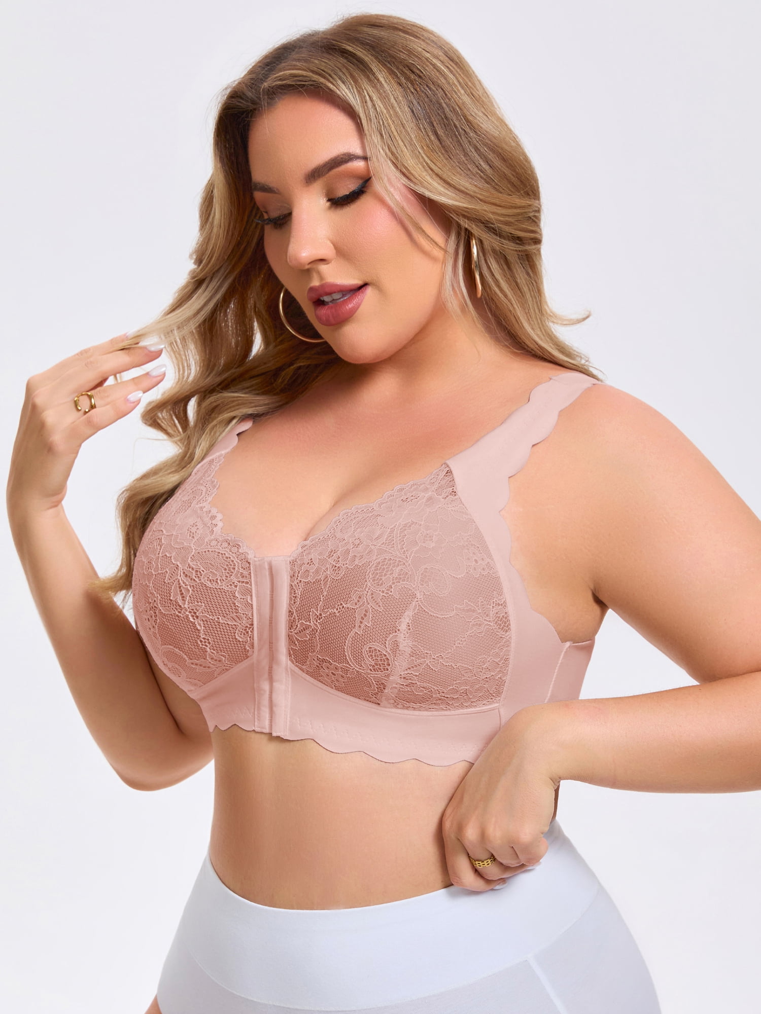 DARING DIVA Women's Front Closure Lace Bra Deep U Wire-Free Floral Bralette F 46 Beige