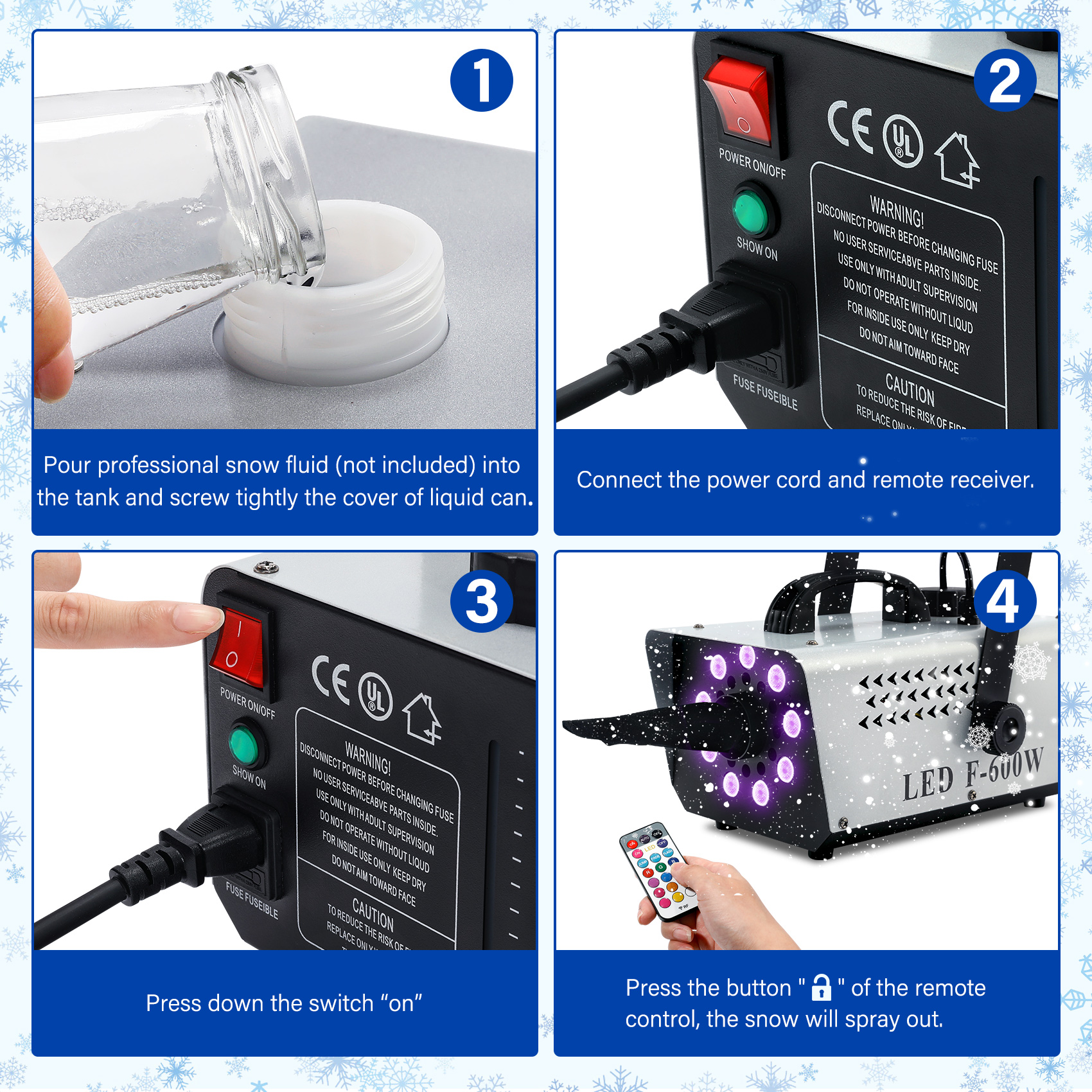 TCFUNDY Snow Machine with 9 LED Lights, 600W Snow Making Machine with 12 Color Lights Effect Snowflake Maker for Christmas Wedding Kids Party Stage with Wireless Remote Control