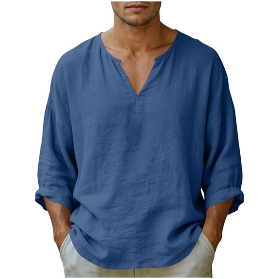 Mens Linen Shirt Breathable Long Sleeve T Shirts Pullover V Neck Loose Summer Casual Top Lightweight Quick Dry Tees, S