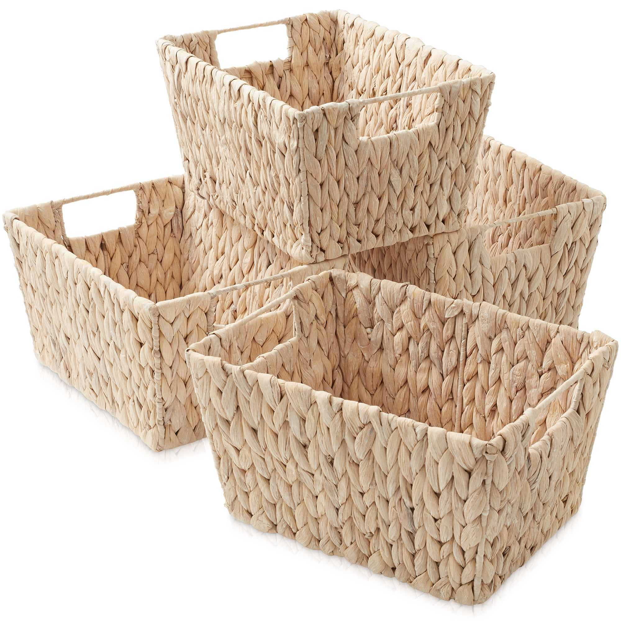 Casafield Set of 4 Water Hyacinth Storage Baskets with Handles - Whitewash White, 12" x 9" x 6" Rectangular Storage Shelf Bins, Blankets, Laundry