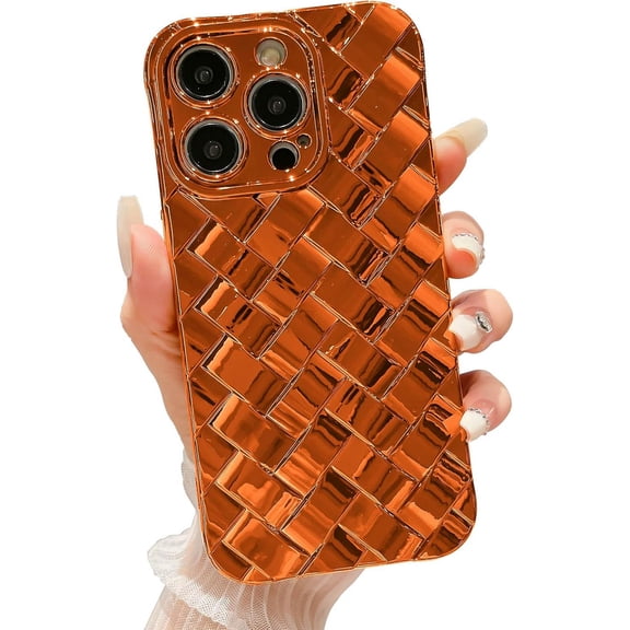 Compatible with iPhone 15 Pro 6.1 Inch, Fashion 3D Woven Pattern Plating Phone Case, Grid Printed case for Women Girls Soft Silicone Shockproof Camera Protective Back Cover-Orange