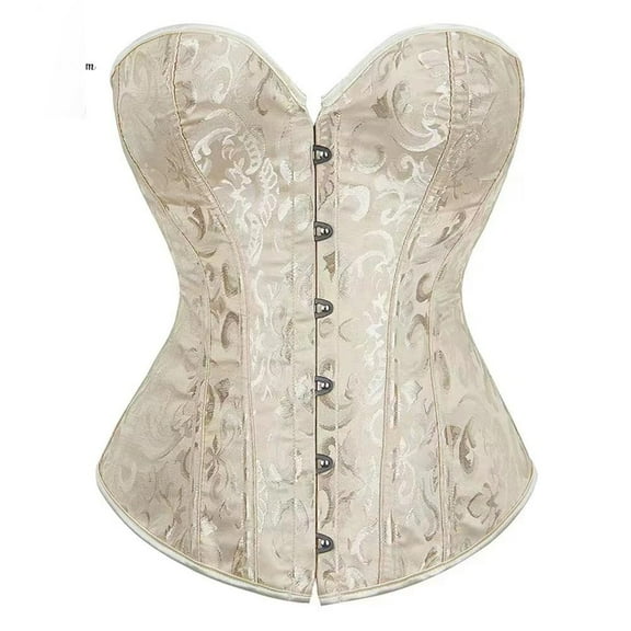 Women Strapless Lace Jacquard Peacock Corset and Bustier Top with Steel Boning for Waist Training Party Costume Outfit Beige L