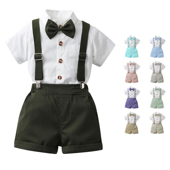 WERYOUNG Toddler Boys Summer Outfits Short Sleeve Solid Color Shirts Tops Suspenders Shorts Child Kids Gentleman Outfits Holiday Vacation Stylish Clothing Sets 18-24 Months