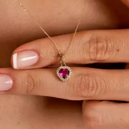 Women Beauty Pendant 14K Yellow Gold Plated 2Ct Heart Cut Lab Created Pink Ruby