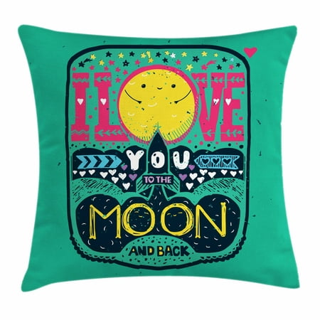 I Love You Throw Pillow Cushion Cover, Ornamental Romantic Message with Stars Hearts Arrows Moon Real Love Illustration, Decorative Square Accent Pillow Case, 18 X 18 Inches, Multicolor, by