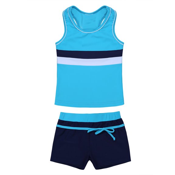 iiniim Kids Girls Two Piece Rash Shirt Tankini Swimsuit Summer Beach Swimwear Tank Top with Boyshort Bathing Suit Blue 12