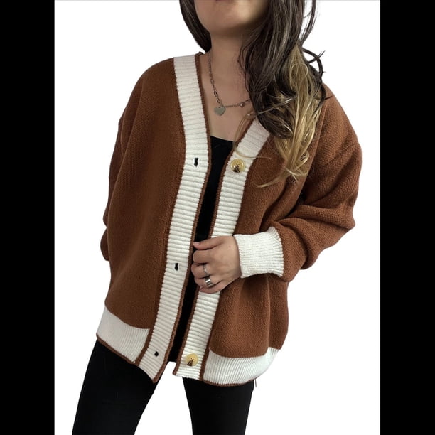 Suéter de Punto Acanalado con Cuello en V Extragrande y Botones en Contraste para Mujer Marrón L