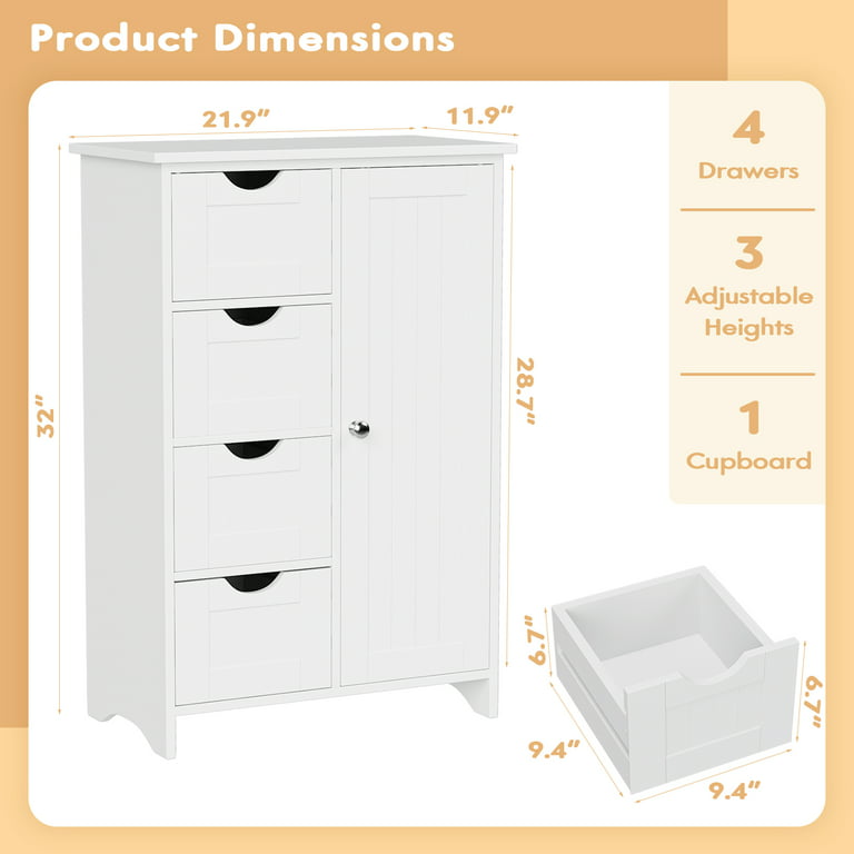 Wooden Storage Cabinet Organizer with 4 Drawers for Bathroom, White