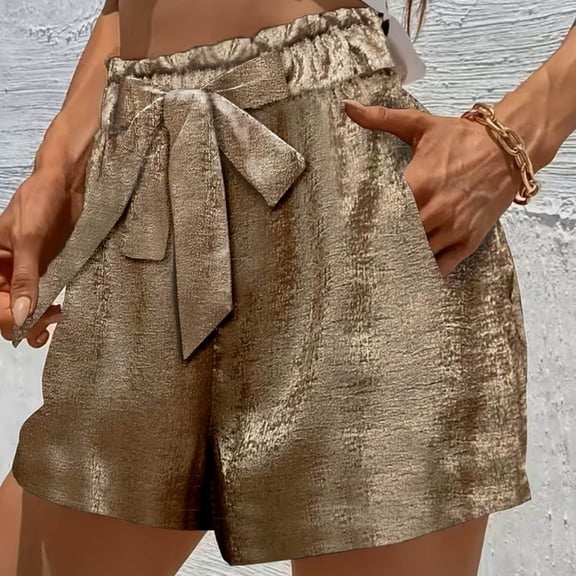 JUSLIO Women's Shorts,High Waist Mid-Length Shorts,Cotton Fashion Elastic Waist Solid Color,Gold,Size L