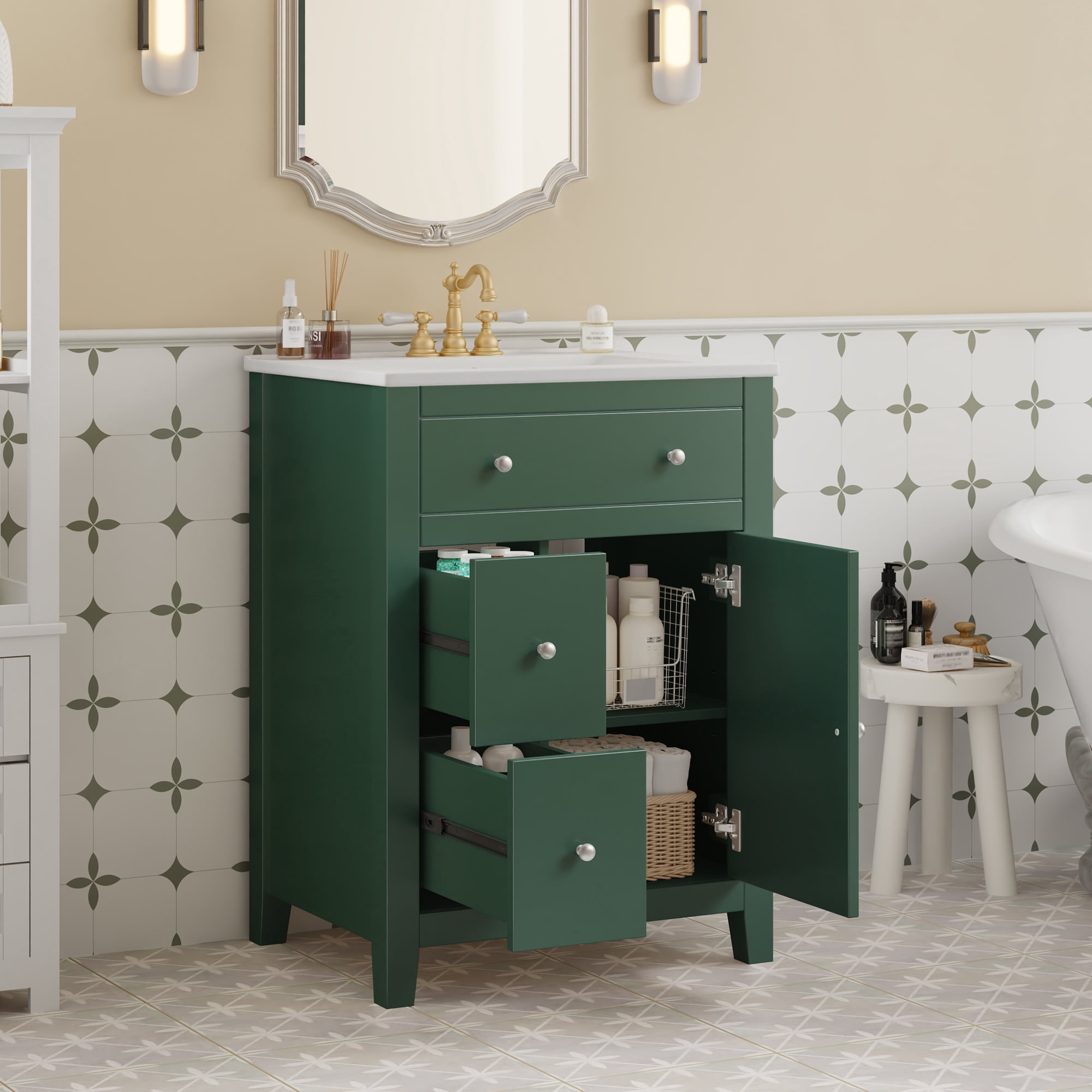 Euroco 24" Modern Bathroom Vanity with Ceramic Basin, Restroom Basin Cabinet with 2 Drawers, Small Bathroom Cabinet with Soft-Closing Door