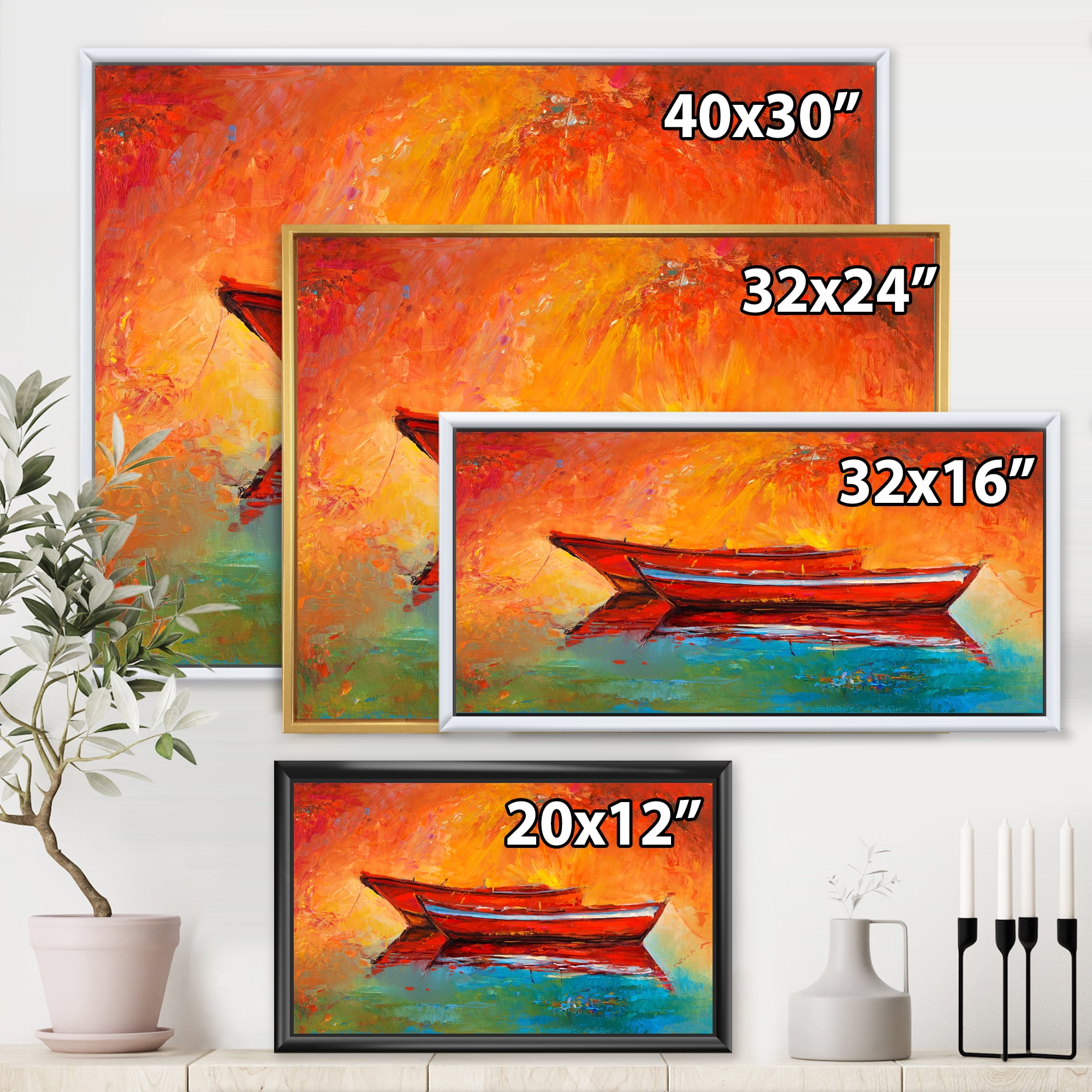 Designart 'Two Red Boats During Sunset In Lake' Nautical & Coastal Framed Canvas Wall Art Print