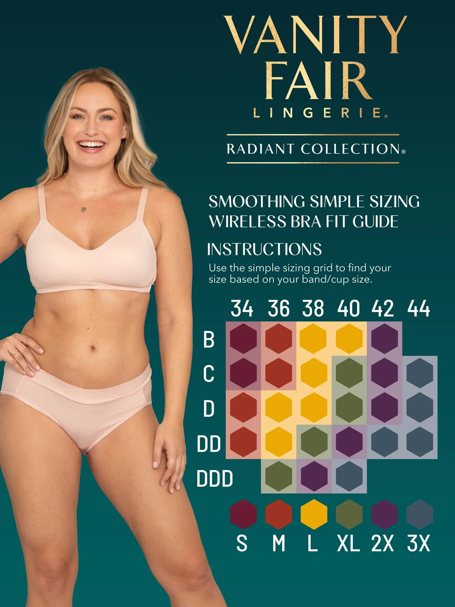 Vanity Fair Radiant Women's Wireless Bra - Back and Side Smoothing, Adjustable Straps, Sizes S-3XL, Style 3472117