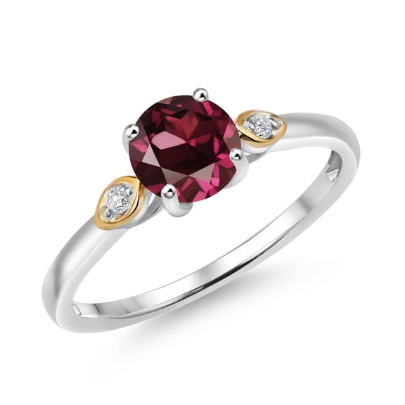 Gem Stone King 925 Silver and 10K Yellow Gold Red Rhodolite Garnet and White Lab Grown Diamond 3-Stone Engagement Ring for Women (1.03 Cttw, Round 6MM, Gemstone January Birthstone, Size 8)