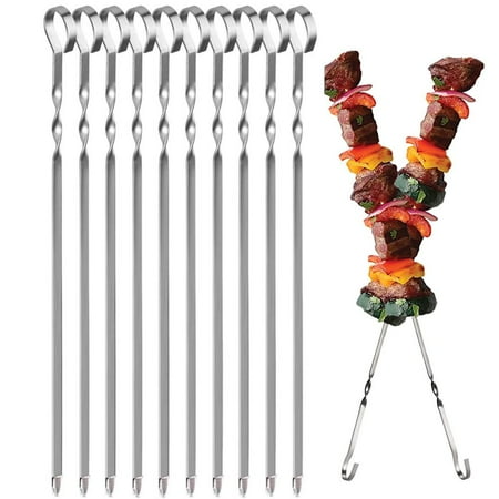 

10 Pieces Stainless Steel Barbeque Grilling Skewers Outdoor Camping Barbecue Tool Barbecue Sticks Reusable Metal Skewer Barbeque Cocktail Shish Kabob