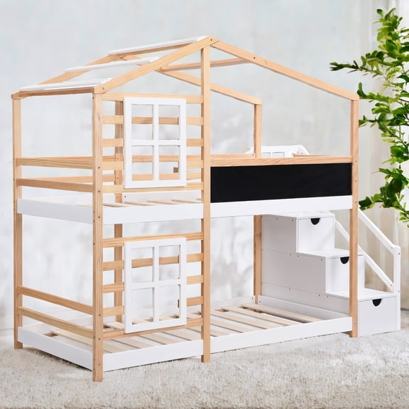 ROOMARK Twin over Twin Bunk Bed House Bed With Roof Windows Blackboard And Storage Ladder Platform Bed,bed Frame