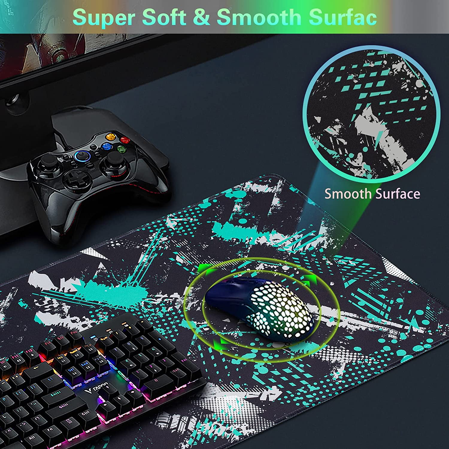 Gaming Mouse Pad, Extended Mouse Pad 31.5x15.7inch XXL Large Big Computer Keyboard Mouse Mat Desk Pad with Non-Slip Base and Stitched Edge for Home Office Gaming Work (Green Geometric)