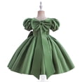 thumbnail image 4 of Short Flower Girl Dress, Girls Solid Color Puff Sleeve Princess Dress with Bow Accents, Junior Bridesmaid Party Dress for Wedding Birthday Occasions Age 4-9 Blackish Green 110, 4 of 9