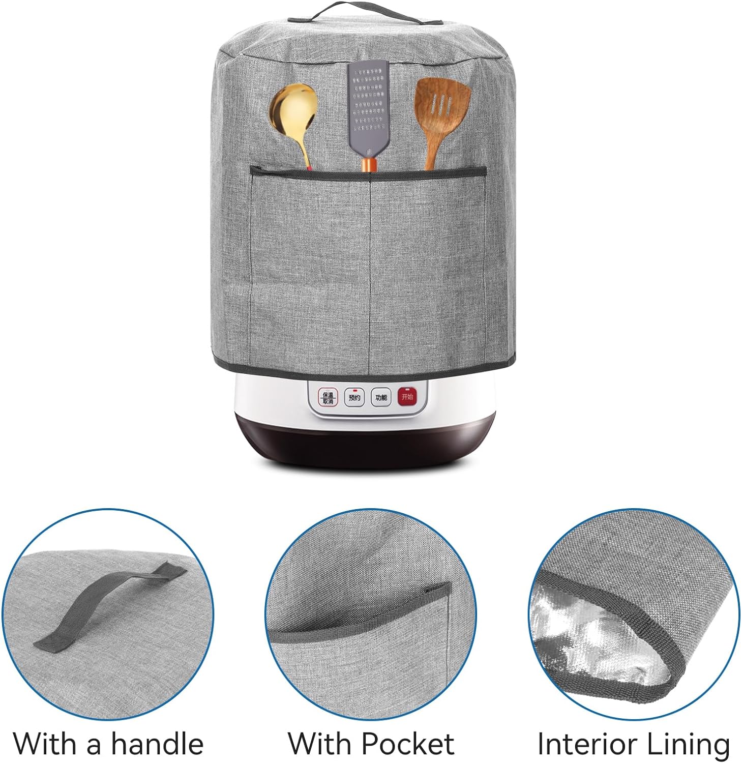 ABPETE Air Fryer Dust Cover, Waterproof Insulated Protective Cover Bag with Pocket and Handle for Electric Pressure Cooker Air Fryer Rice Cooker Steamer, 38 x 38.7 cm(Grey)