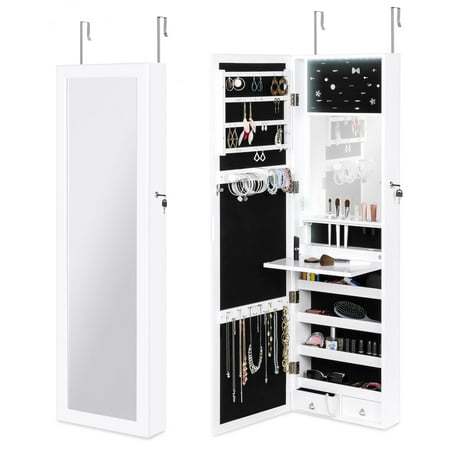 Mirror Cosmetic Organizer Best Choice Products Full Length Hanging Mirror Jewelry Armoire Cabinet, Makeup Storage Organizer for Door or Wall Mount w/ Interior Mirror, LED Lights, Lock, Cosmetics Tray, Brush Holders, 4 Shelves ()