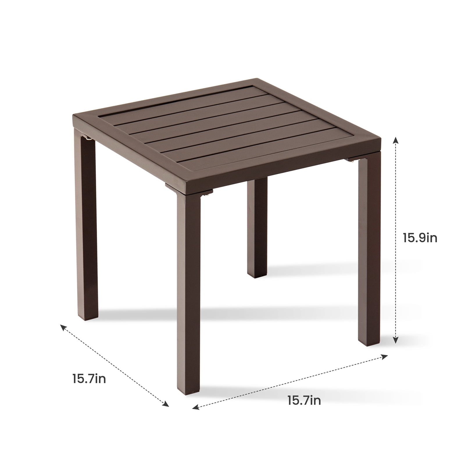 Crestlive Products 15.7" x 15.7" Outdoor Side Table, All-Weather Aluminum Square Patio End Table, Brown